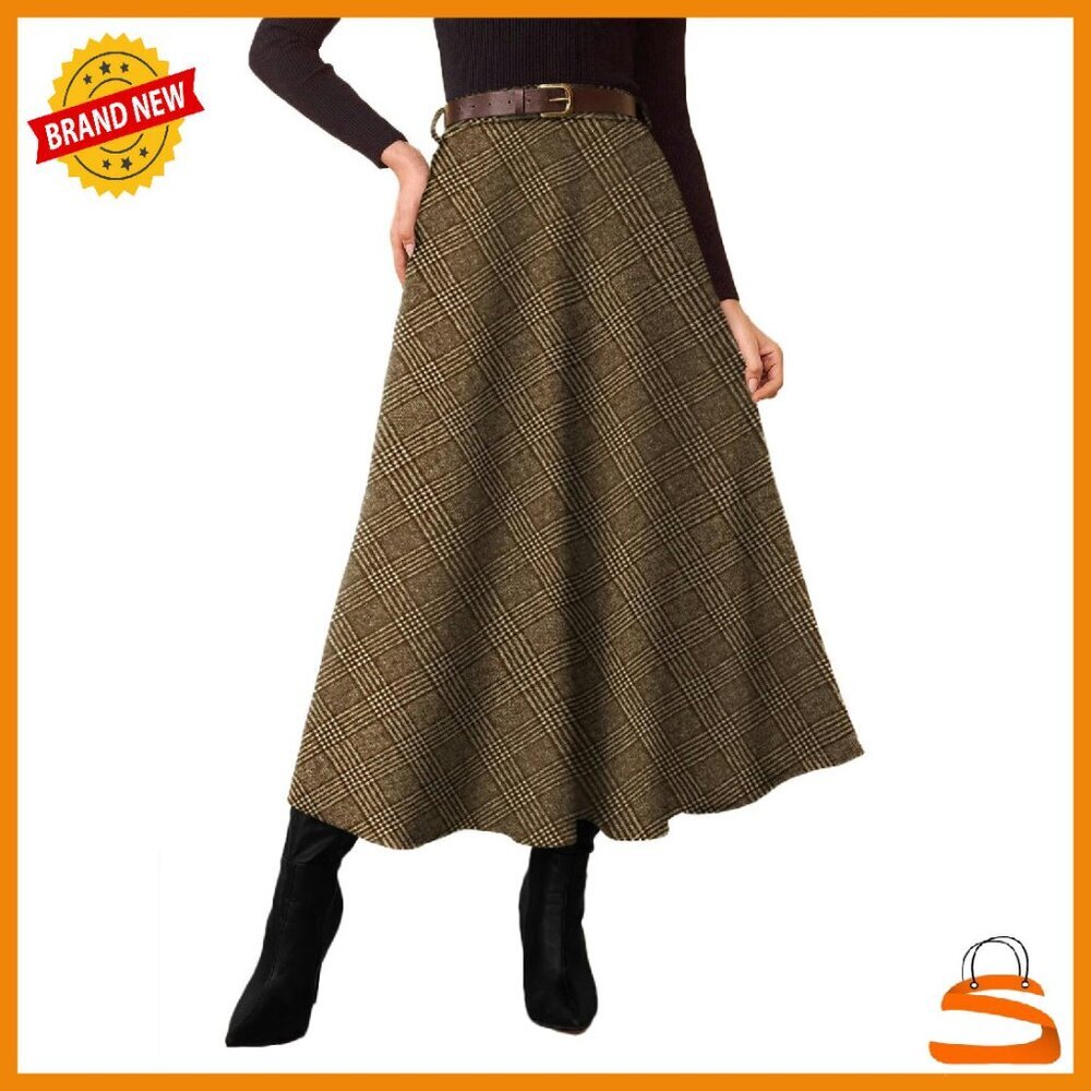 High Waist A-Line Midi Skirt with Pockets - Flared Vintage Tartan - Polyester